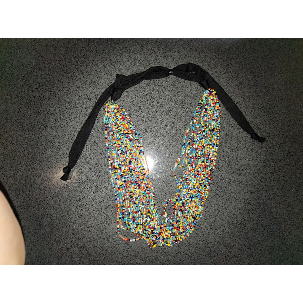 26-Strand Multicolor Glass Beaded Necklace Black Fabric Tie Boho Handmade EUC
